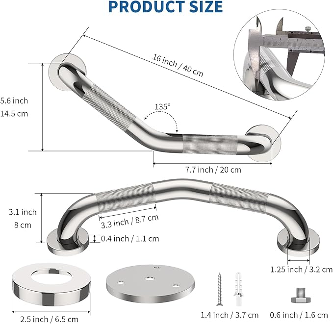 16 Inch Angled Shower Grab Bar Black, Munzong Brushed Nickel Anti Slip Bathroom Grab Bar, Knurled Bathroom Balance Bar,Safety Hand Rail Support Handicap Elderly Injury Senior Assist Bath Handle