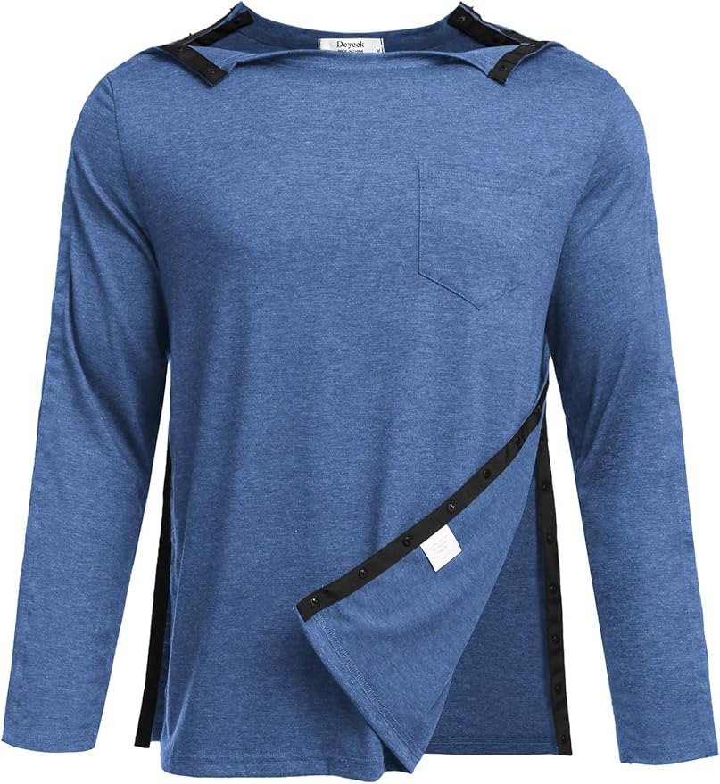 Deyeek Men's Post Shoulder Surgery Recovery Shirts Full Tear Away Long Sleeve Snap Chemo Port Access Shirt