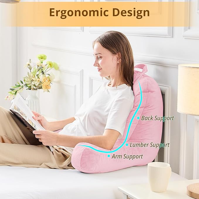 Sasttie Reading Pillow, Velvet Back Pillow for Bed Sitting Up, Adult Back-Rest Support Cushion with Arms for Sit Up on Couch, Sofa, and Floor, Dorm Essentials, Reading Accessories, Pink