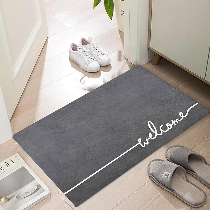Welcome Mat Indoor, Ultra Thin Door Mat, 1/10 in Thin Door Mats for Inside Entry, Non-Slip, Absorbent, Quick-Dry, Washable, Fit Under Door Entryway Doormat for Entrance, 24"X16", Dark Grey