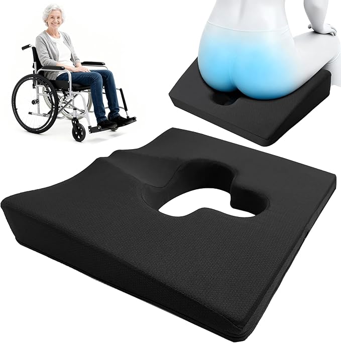 Gel Wheelchair Seat Cushion,Bed Sore Cushions for Butt,Chair Pressure Sore Cushion,Memory Foam Butt Pillow for Bed,Pressure Ulcer Pain Relief,Sciatica,Coccyx,Non-Slip Washable Cover(Black)