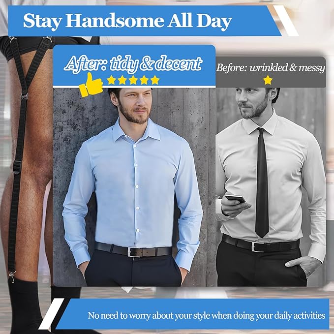STAY GENT Y-Style Shirt Stays For Men with Non-Slip Locking Clamps and Adjustable Elastic Straps