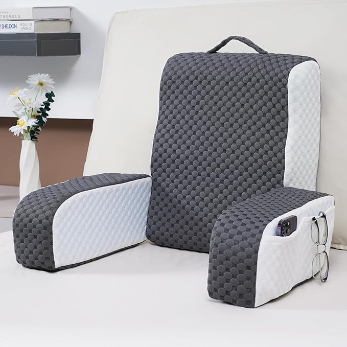 Bed Reading Pillow Back Support with Arms, Removable Pillowcase for Book Working Gaming Resting Watching TV, Gray White/20in