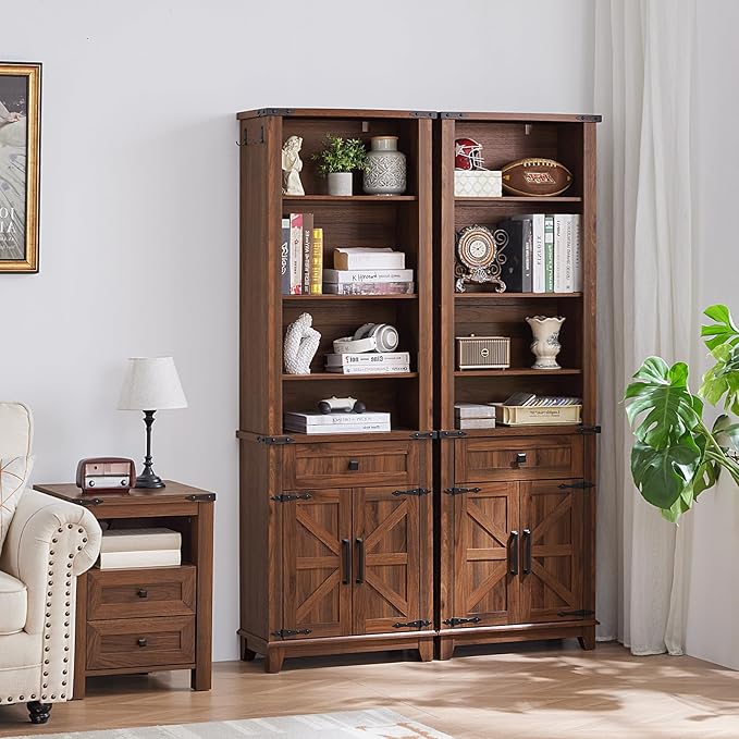 72in Tall Bookshelf 7 Tier Bookcase with Drawer and Barn Doors and Adjustable Shelves, Brown Farmhouse Book Shelf with Storage Cabinet, Wood Freestanding Display Bookshelves for Kitchen