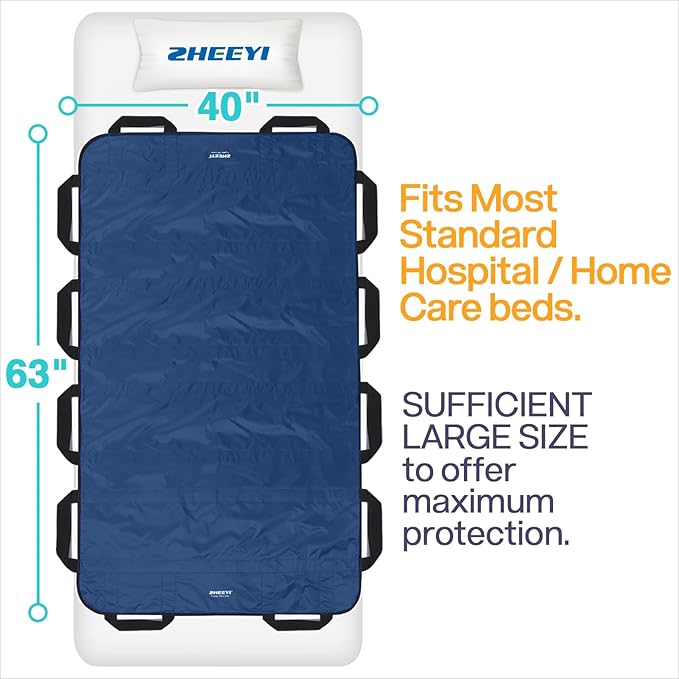 Bed Positioning Pad with Reinforced Handles 63" x 40" Washable Patient Transfer Slide Sheet for Body Lifting, Turning, Repositioning, for Elderly, Incontinence, Caregiver, Navy Blue