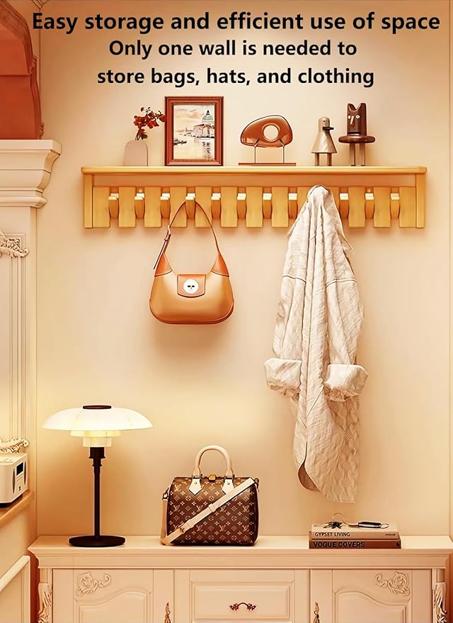 Wall Mounted Piano Key Hanger | Flip Style Hook | Entrance Wall Art Hook, Made of Oak Wood (3 Times Painted, 4 Times Polished) (Tray Beech, 12Hooks)