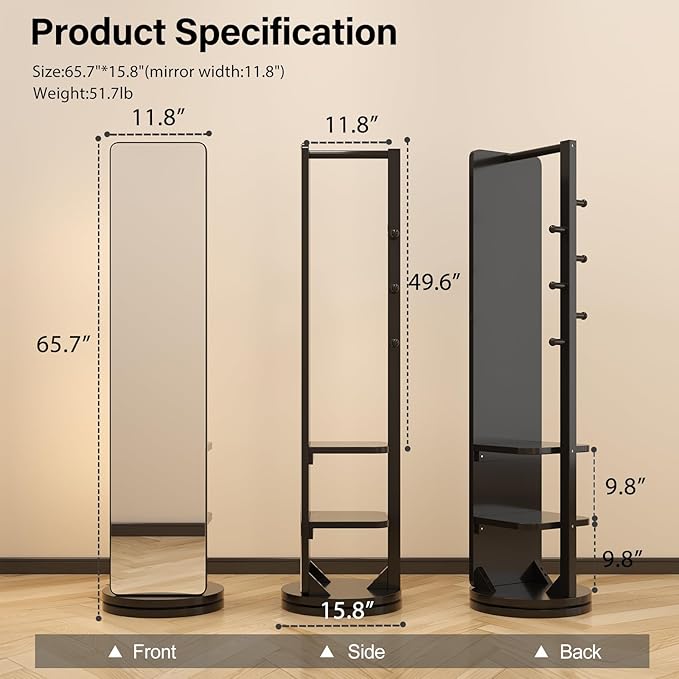Full Length Mirror with Stand,Mirror Coat Rack,65.7 ''×15.8 ''Floor Mirror for Bedroom, Living Room, Dressing Room (Black)
