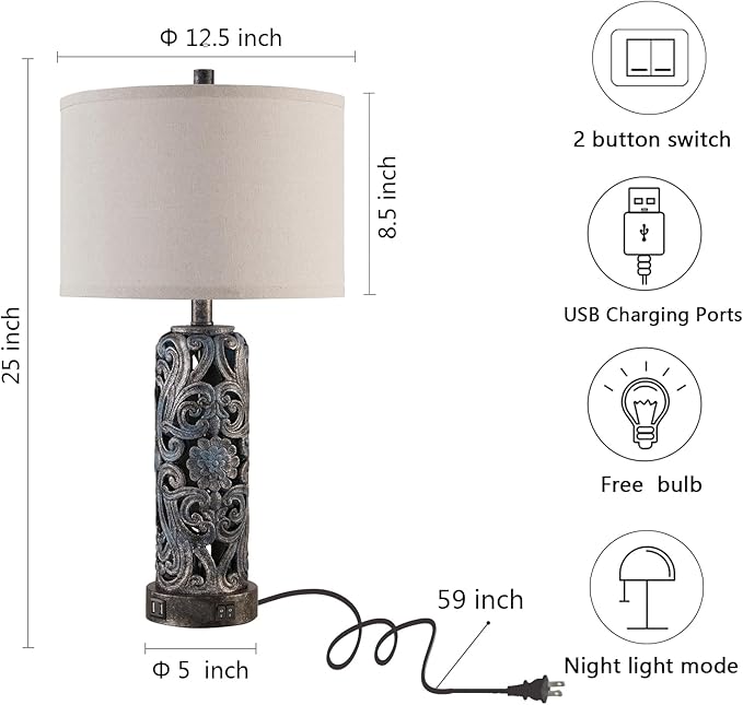 RORIANO 25'' Set of 2 Rustic Table Lamp for Bedroom Living Room with 2 USB Ports, Farmhouse Vintage Resin Nightstand Lamp with Nightlight, Antique Retro Desk Lamp for Entryway, 2 Bulbs Included