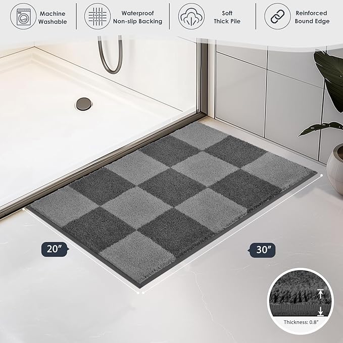 PURRUGS Bathroom Rug Non-Slip Machine Washable 20" x 30", Super Absorbent and Quick-Dry Bath Mat, Extra Soft and Plush Bath Rug for Shower, Bathtub and Sink, Grey & Dark Grey