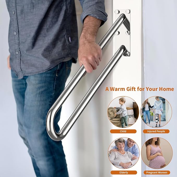 28 Inch Stainless Steel Handrail for 1-5 Steps- 1.25" Tube, ZUEXT Chrome Finished U Shape Safety Grab Bar for Stairs, Wall Mount Handicap Hand Railing for Outdoor Garage Interior Exterior Stairway
