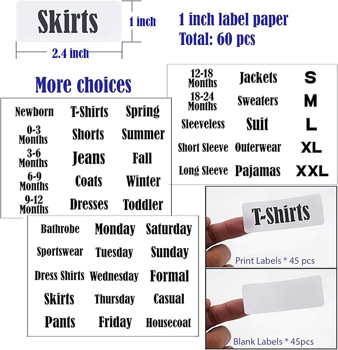 10 Pack White Clothing Rack Size Dividers Plus 45 Labels (1 Inch) and 18 Large Blank Labels, Large Rectangular Clothing Closet Dividers (Pink)