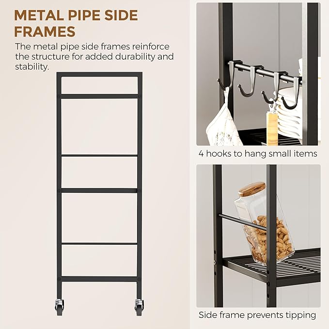 3-Tier Metal Storage Rack with Industrial Wheels,Mesh Shelving Unit with Wooden Table top,Adjustable Shelf,31.5-Inch Width, for Kitchen, Laundry,Pantry,Plant,Black