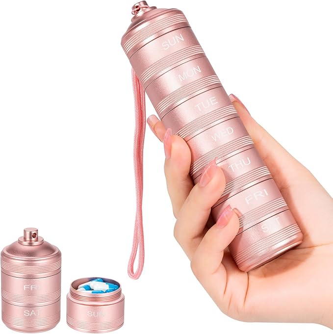 7 Day Travel Pill Organizer - Metal Waterproof Vitamin Case Pill Box, Daily Pill Container 7 Compartments, Weekly Pill Containers for Medicine Supplements Fish Oil