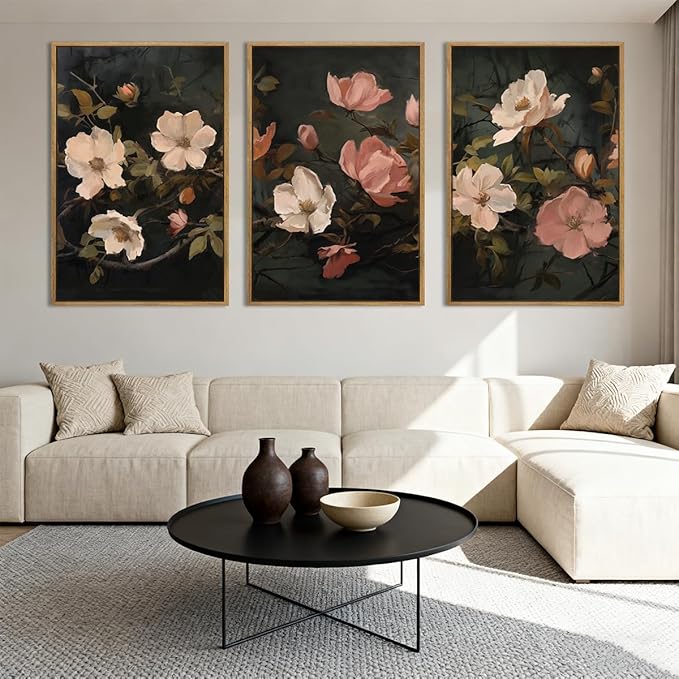 IARTTOP Large Black Floral Framed Canvas Wall Art 16x24 Inch Dark Moody Floral Art Prints Set of 3 Modern Botanical Wildfower Wall Decor for Living Room Bedroom Office