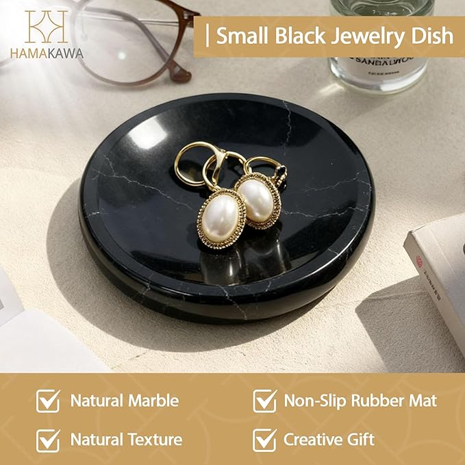 Natural Marble Soap Dish, Black Round Jewelry Dish 4.5 inch, Limestone Shower Soap Holder, Modern Stone Sponge Holder with White Stripe, Obsidian Bar Soap Saver Tray for Bathroom, Kitchen