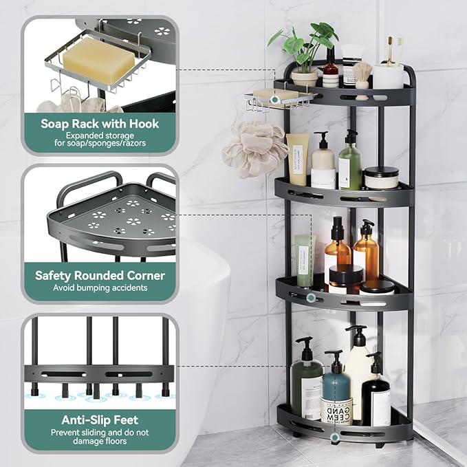 Corner Shower Caddy Stand, 4 Tier Standing Shower Organizer with Soap Holder, Rustproof Shower Shelves for Bathroom Shampoo Storage, Grey