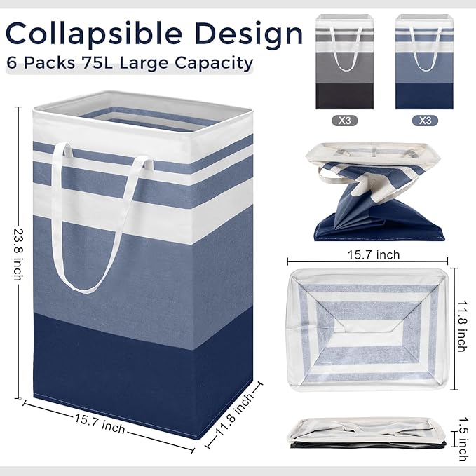 Foaincore 6 Pieces 75L Laundry Hamper Basket Organizer Large Laundry Bag Bulk Waterproof Collapsible Clothe Storage with Handles for Dorm Room Bedroom Towels (Dark Blue, White)