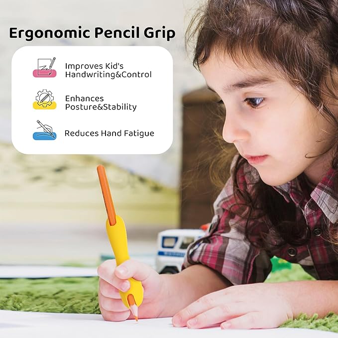 3 Pack Silicone Pencil Grips for Kids & Adults, Ergonomic Dual-Head Design for Handwriting, Drawing & Coloring, Improves Grip Control, Pink/Red/Yellow