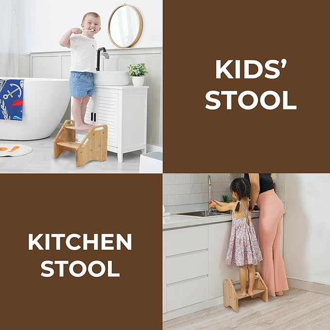 Wooden Step Stool for Toddlers and Adults, 300 lbs Capacity, Two Tier Bathroom Stool with Handles, Lightweight Non-Slip Pads, for Toilet, Sink or Kitchen Use