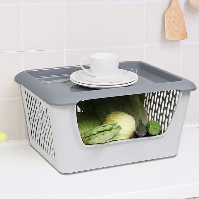 Gray Plastic Stacking Organizer Basket with Wheels, 3-Tier Multi-function Stackable Storage Basket