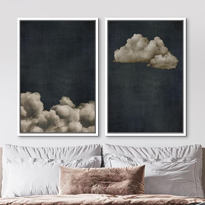 MUDECOR Framed Canvas Print Wall Art Vintage Cloudscape Dark Moody Sky with Floating Clouds Illustrations Modern Art Decorative Chic for Living Room, Bedroom, Office - 24"x36"x2 White