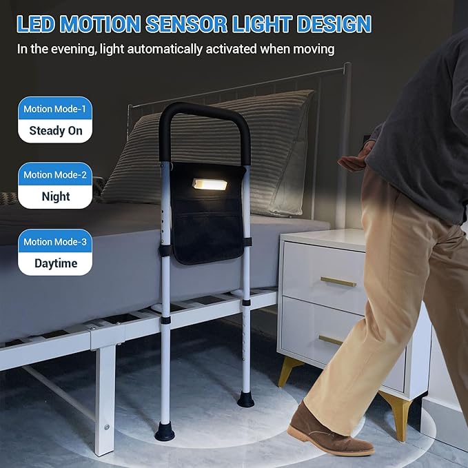 Bed Rails for Elderly Adults Safety - Adjustable Bed Assist Rail for Seniors with Motion Light & Storage Pouch, Bed Handles for Elderly Adults - Fits Twin Full King Bed Rails for Queen