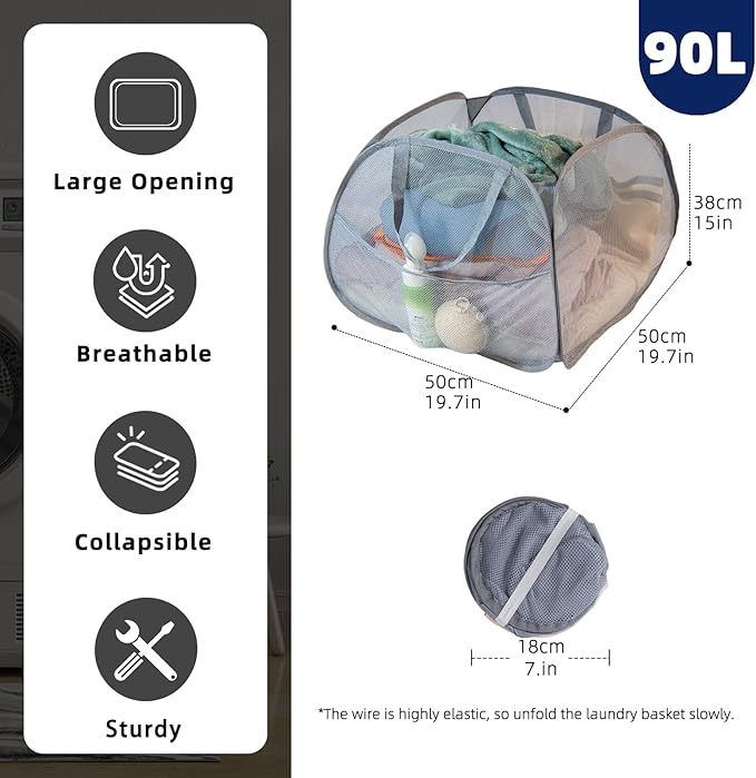 Collapsible Laundry Basket 90L, Foldable Mesh Pop-up Laundry Hamper with Handles, Dirty Clothes Hamper for Laundry with Side Storage Pocket(Gray, 2PCS)