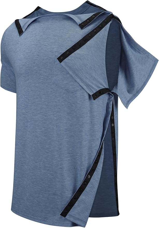 Men's Post Shoulder Surgery Recovery Shirts Tear Away Short Sleeve Full Open Side Snap Dialysis Chemo Clothing