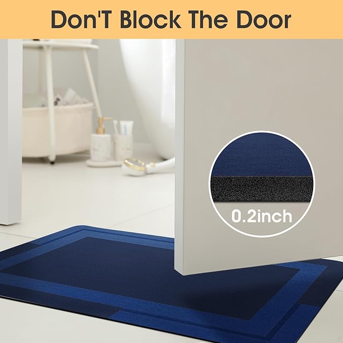 Ultra Thin Bath Mat, Upgrade Non Slip Thin Bath Mats Fit Under Door, Quick Dry Ultra Absorbent Bathroom Rugs, Machine Washable Bath Rugs for Bathroom, Dark Blue/Bordered/24"x17"+ 24"x20" Contour Rug