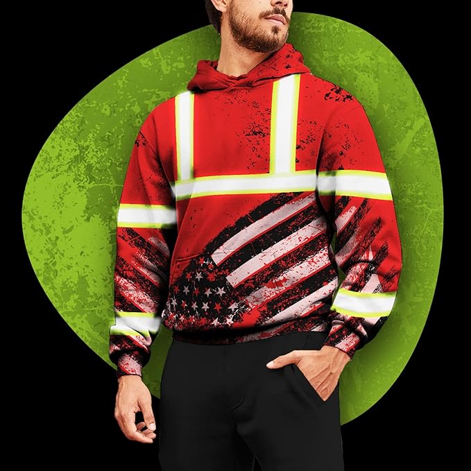 US Flag High Visibility Hoodie for Men Reflective Hoodie Safety Workwear for Worker Runner Patriotic ACC02