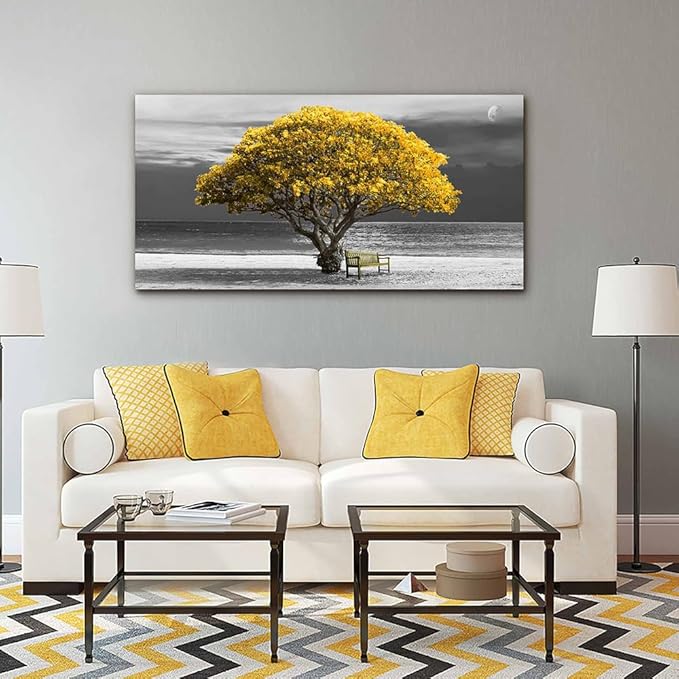 Wall Art For Living Room Decorations Photo Prints - Panoramic Black And White With Yellow Trees The Moon Scenery - Modern Home Decor The Room Stretched And Framed Ready To Hang Artwork 24x48inches