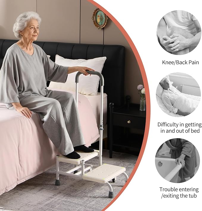 NOVII Step Stool with Wheels and Storage Bag for Elderly, 2 Step Stool with Handle,Adjustable Bed Steps for High Beds for Adults,Portable Footstool for Bedroom, Kitchen, Bathroom (White)