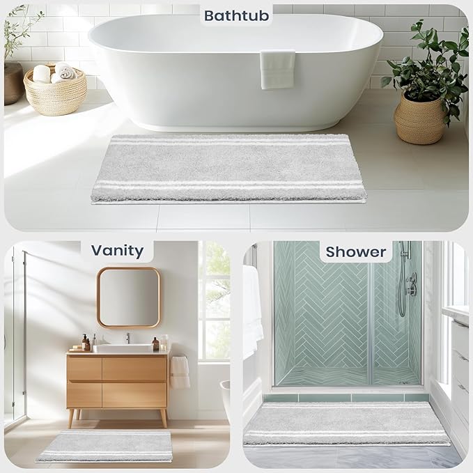 PURRUGS Bathroom Rug Non-Slip Machine Washable 24" x 36", Super Absorbent and Quick Dry Shaggy Microfiber Bath Mat, Extra Soft and Plush Bath Rug for Bathtub, Shower and Sink, Light Grey