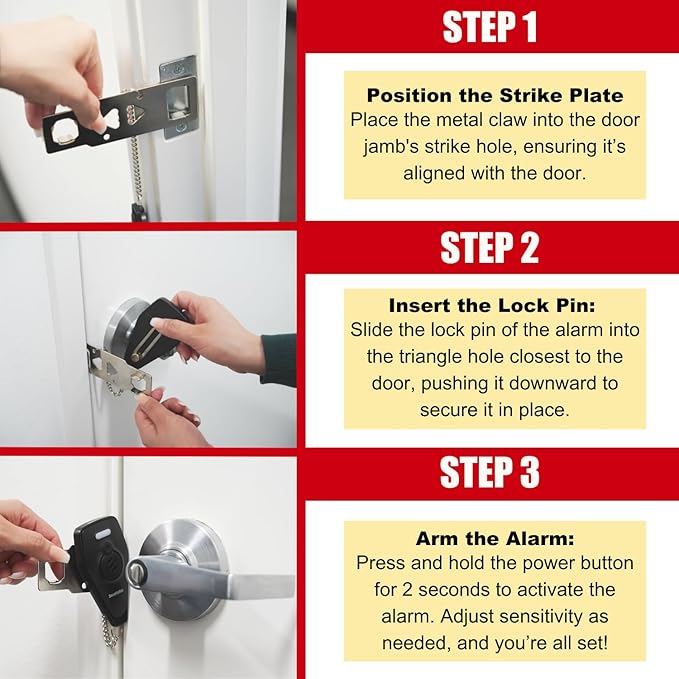 Securityman Portable Door Lock with Alarm | Hotel Door Locks for Travelers Security | Loud 130dB Door Security Device for Hotel Room, Apartment Home, & Travel Safety Inside for Women Children - Black