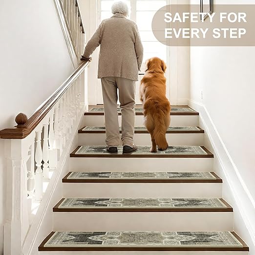 Non Slip Stair Treads for Wooden Steps Indoor, Begie, 15pcs, 30"X8", Soft Carpet Mat, Machine Washable Boho Carpet Treads with Reusable Adhesive Backing, Safety Stair Tread for Dog, Kid, Elder