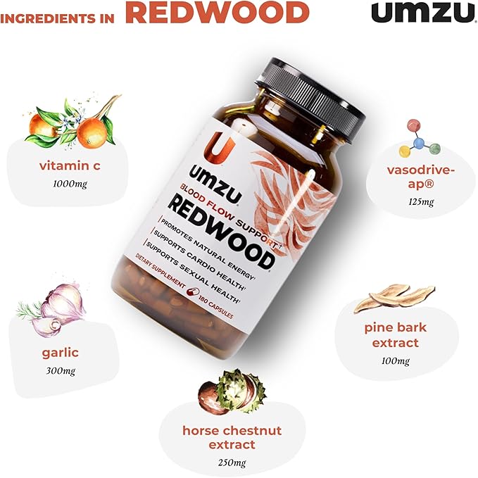 UMZU Redwood Nitric Oxide Booster, 3-Month Supply – Nitric Oxide Supplement with Vitamin C, Garlic & Horse Chestnut – Supports Healthy Circulation, Blood Flow, Energy, Stamina and Daily Vitality