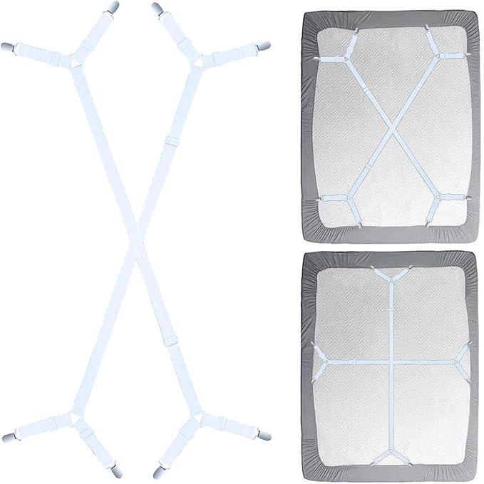Sheet Fasteners Suspenders Straps - Adjustable Crisscross Bed Sheets Holder Clips Elastic Band Sheet Keeper Stays Grippers,2Pcs/Set White