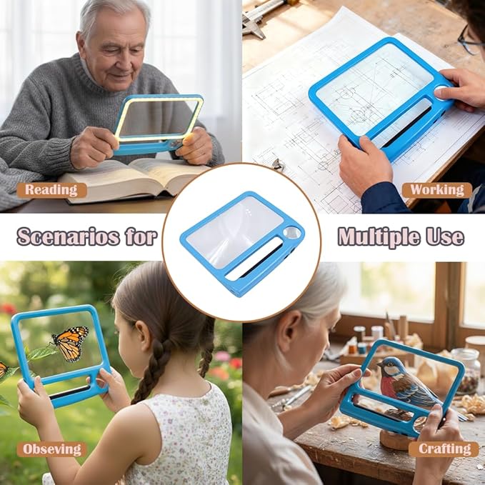 5X 10X Full Page Magnifying Glass for Reading, Rechargeable with 48 Adjustable LED Lights & 3 Light Modes, Comfort-Grip & Lightweight Handheld Magnifier for Seniors, Reading Aid, Low Vision(Blue)