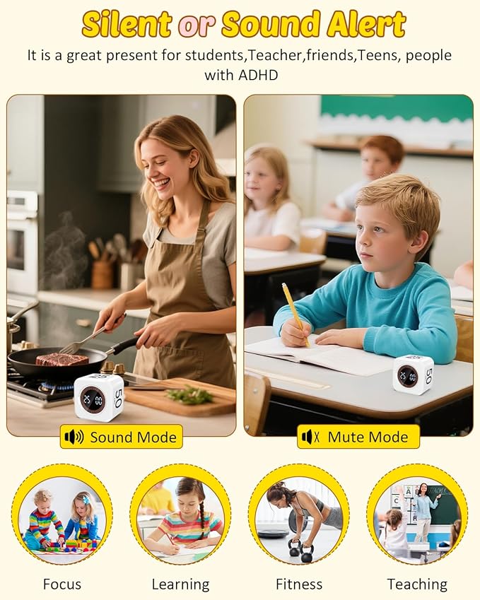 Pomodoro Timer Cube Visual Productivity Flip Timer for Kids Classroom Desk, 5/10/25/50min&Custom Countdown, Silent&Sound Mode Digital Cube for ADHD Study Work School Game Kitchen (White)