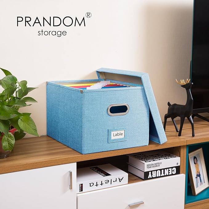 PRANDOM File Organizer Box - Set of 1 Collapsible Decorative Linen Filing Storage Hanging File Folders with Lids Office Cabinet Letter/Legal Blue (17x14x11.2 inch)