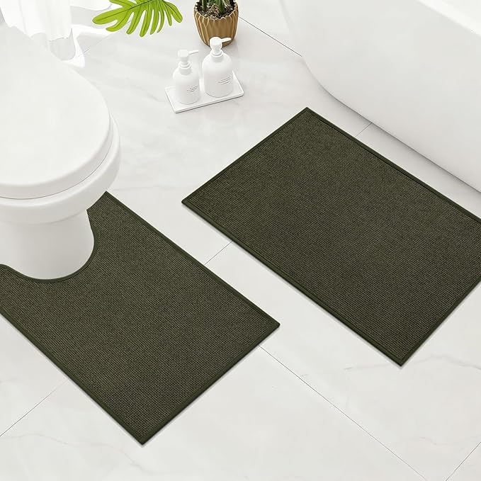 YIHOUSE Bathroom Rugs Mats Sets 2 Pieces, Ultra Thin Bath Mat Absorbent Non Slip Bath Rugs for Bathroom Washable, Shower, Sink, Laundry (Dark Green, 2 Pieces)