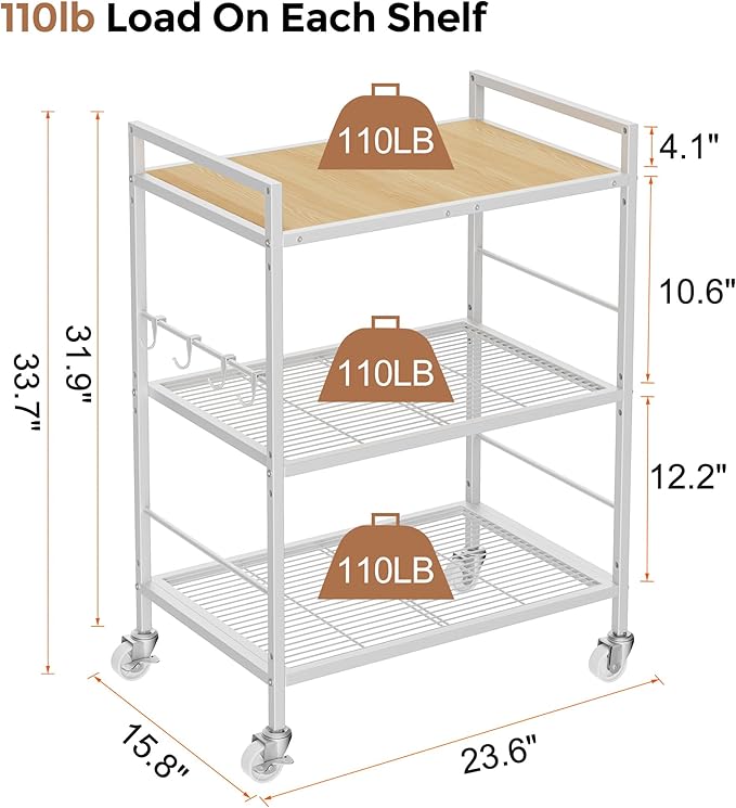 3-Tier Kitchen Cart with Adjustable Shelves - Microwave Storage Cart & Utility Rolling Organizer, Industrial Wheels for Small Spaces, 15.7"x23.6"x33.7" Kitchen Office Living Room Metal Rack