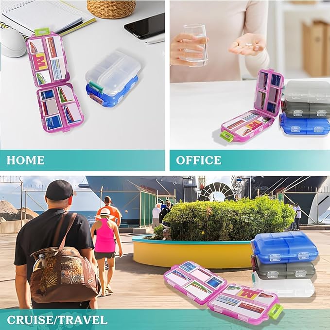 Pill Organizer with Medicine Labels Travel Daily Pill Container Mini Medication Organizer Storage Pill Organizer Travel Essentials Pill Case 7 Day (Blue & 161 Lables)