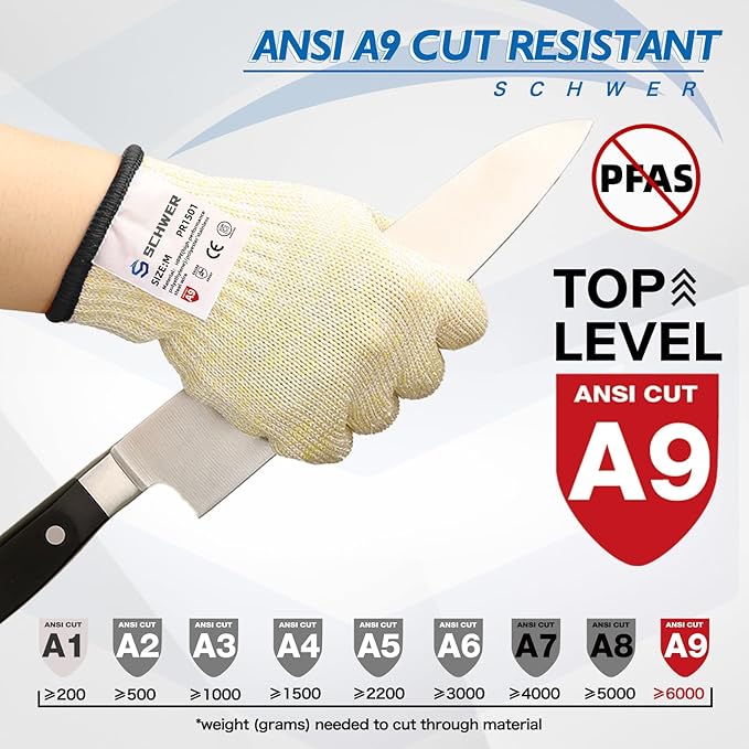 SlicePro ANSI A9 Cut Resistant Gloves PR1501, Food Grade Reliable Cutting Glove, Mandoline Glove for Kitchen Meat Cutting, Oyster Shucking, Fish Fillet Processing, Wood Working (150 Pairs, L)