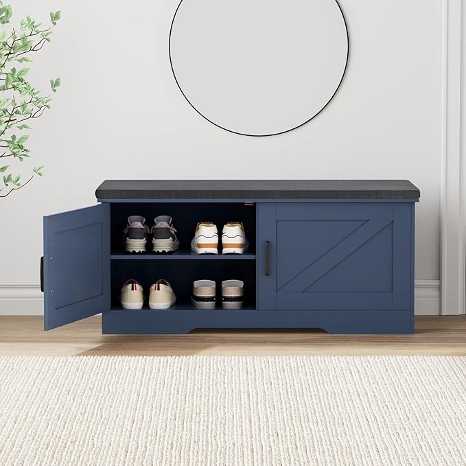 2-Tier Storage Bench, 39.4" Wide Shoe Bench with Padded Seat Cushion, Entryway Bench with 2 Barn Doors and Adjustable Shelf, Blue