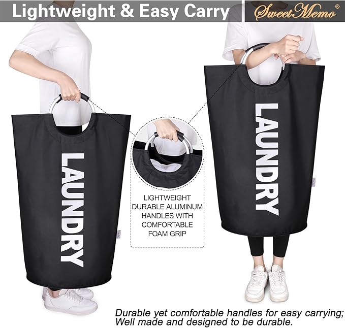 Laundry Basket 2 Pack Collapsible, Freestanding Clothes Hamper Bag with Handles – Tall Folding Dirty Laundry Bin，Sturdy Laundry Sorter for College Dorm, Laundry Room – 95L (Black)