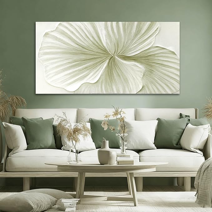 MLART99 Large Green Flower Wall Art Plant Ginkgo Canvas Hand-drawn Painting Modern 29x58 Abstract Botanical Artwork Minimalist Decoration for Living Room Bedroom Office