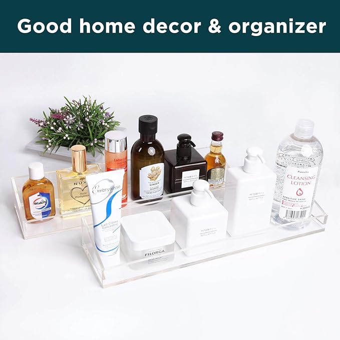 Vdomus Acrylic Bathroom Shelves, Set of 2-4" Dx15 Wx2.25 H Thick Wall Mounted Floating Shelves - Clear Storage and Display Shelving for Bathroom or Kitchen - No Drill Transparent Shower Organizer