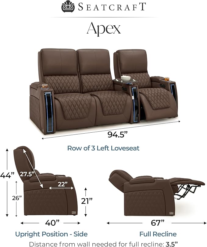 Seatcraft Apex Zero-Gravity CoolZero Italian Leather Home Theater Seating, Powered Headrest, Powered Lumbar, Powered Recline, Row of 3 Left Loveseat, Brown
