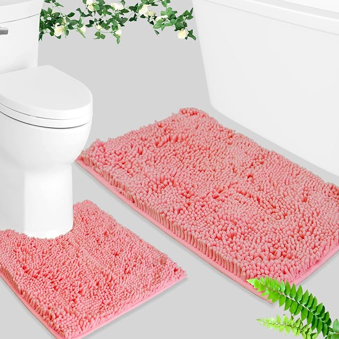 BOANKODU Bath Rug Sets 2 Piece, Soft Chenille, Non-Slip, 32x20 Inch + 20x20 Inch U Shape Multi-Purpose Machine Washable (Pink)